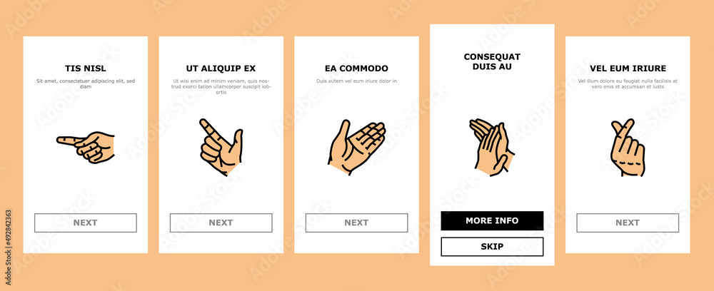 Hand Gesture And Gesticulate Onboarding Mobile App Page Screen Vector. Attention And Pointer Hand Gesture, Thumb Up And Down, Touch With Finger Handshake, Gesturing Love Peace Line. Illustrations