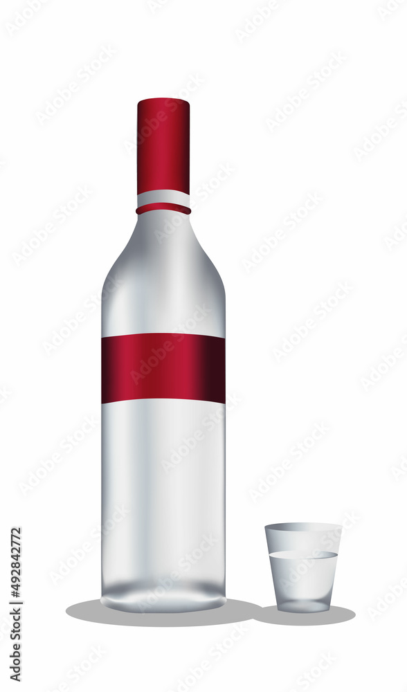 Realistic bottle and shot glass for alcoholic drinks, vector