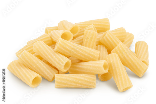 raw italian tortiglioni pasta isolated on white background with clipping path and full depth of field