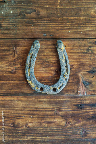 old horseshoe and rake on a wooden door