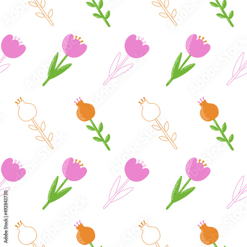 Floral seamless pattern with flowers. Vector Illustration in orange, pink and green colors for fabric, textile, background, wallpaper.
