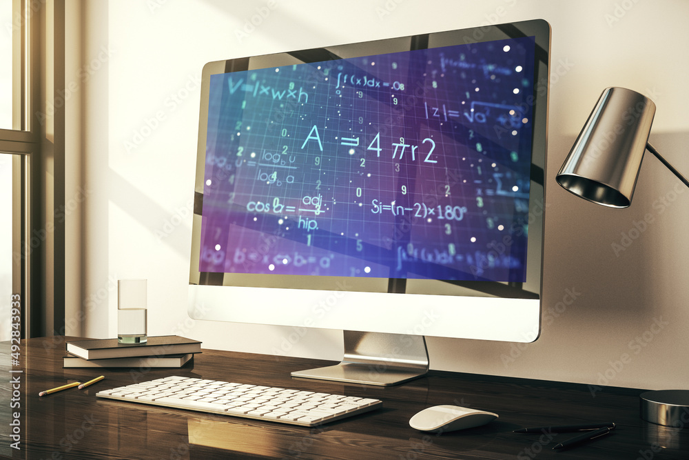 Creative scientific formula hologram on modern laptop monitor, research concept. 3D Rendering Creative scientific formula hologram on modern laptop monitor, research concept. 3D Rendering