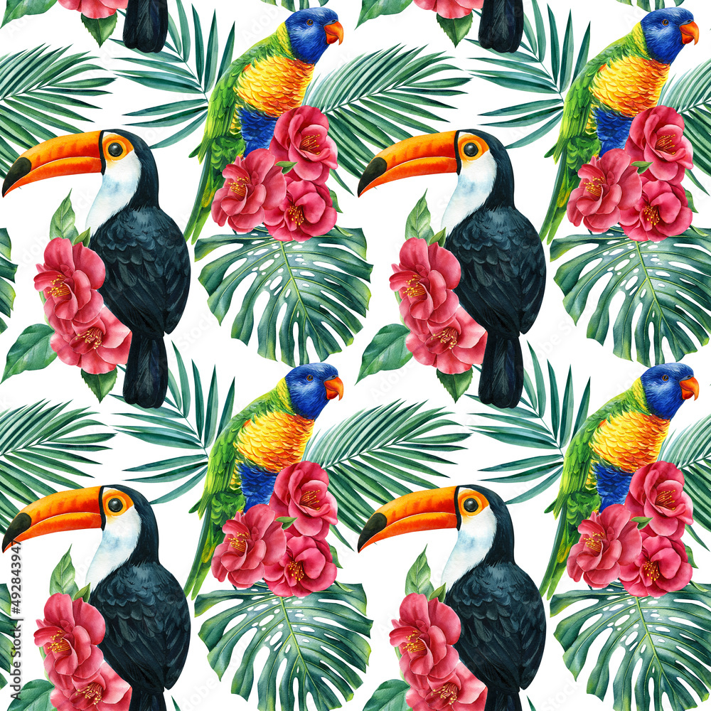 Toucan, parrot and palm leaves. Watercolor wildlife illustration, seamless pattern, jungle design