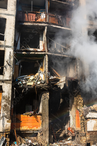 War in Ukraine. Damaged residential building in Kyiv