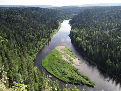 View of the island and the river Usva from the Usvinskiye Pillars. Perm region. Russia photo