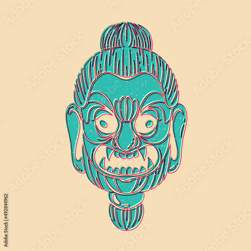 Vintage old mask. Colorful cute screen printing effect. Riso print effect. Vector illustration. Graphic element  for fabric, textile, clothing, wrapping paper, wallpaper, poster.