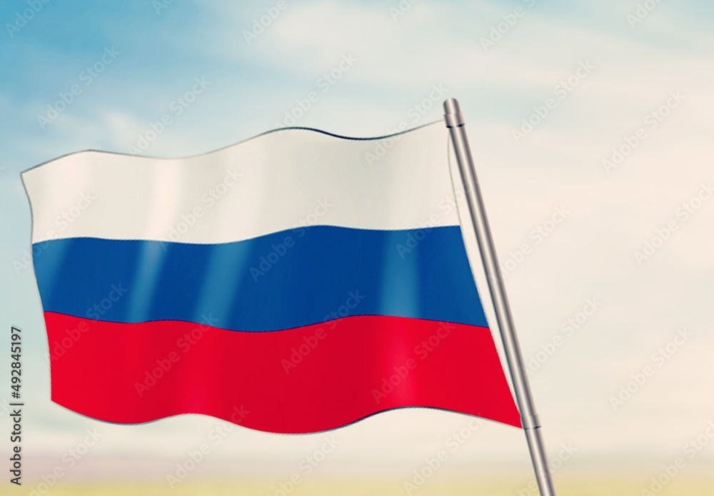 Russian tricolor flag waving in the wind against sky. Russian tricolor flag waving in the wind against sky.