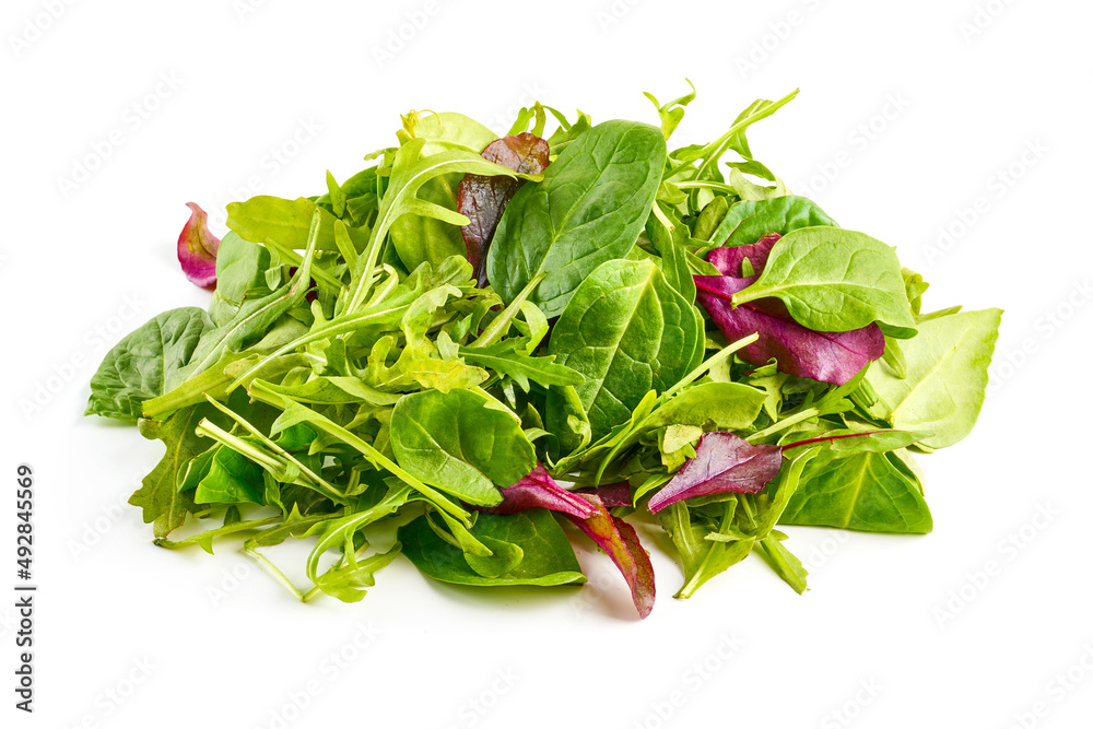 Mix salad - arugula, spinach and red spinach, isolated on white background. High resolution image.