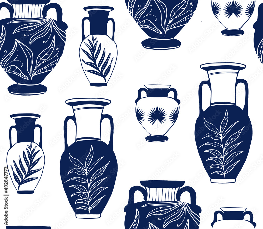 Vecteur Stock Ceramic antique vase seamless pattern. Antique blue aesthetic  ceramic amphora with ornament on white background. Old vases, pot, pottery  for interior, decoration, wallpaper. Antique set. | Adobe Stock