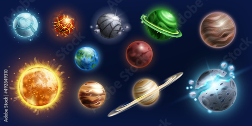 Space alien planet vector icon set, game UI fantasy galaxy sphere kit, ice surface asteroid, Sun, Earth. Magic cosmos collection, 3D fiction fantastic moon, lava stone explosion. Alien planet clipart