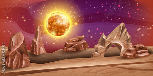 Mars landscape, cracked stone, Saturn, sky, vector alien planet red background, Martian desert rocks. Game space banner, cosmic adventure panorama, fantastic land surface, star. Mars landscape view