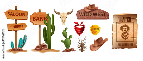 Wild west vector icon set, cartoon game UI cowboy object, sheriff golden badge, cow skull on white. Wanted parchment poster, wooden road sign board, canyon cactus, stone. Wild west adventure element