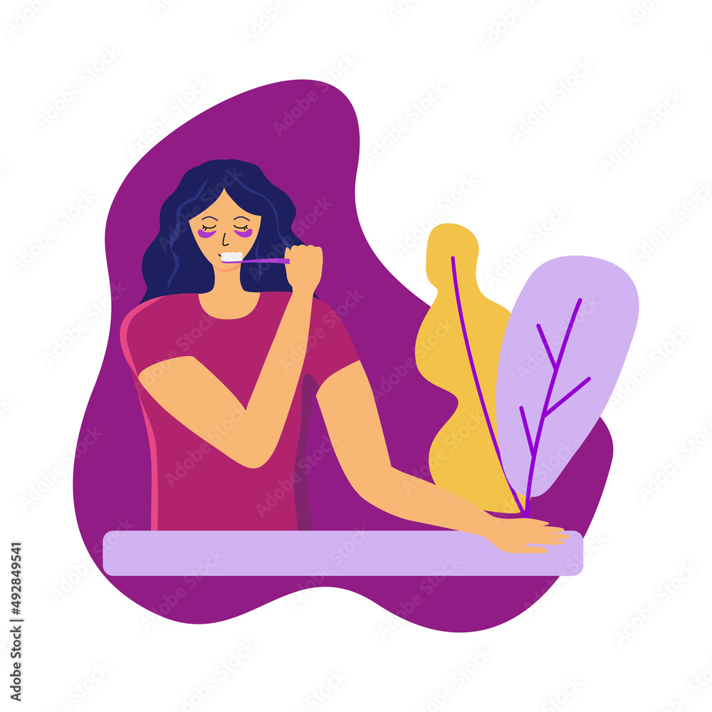 Young woman brush teeth vector flat illustration Young woman brush teeth vector flat illustration