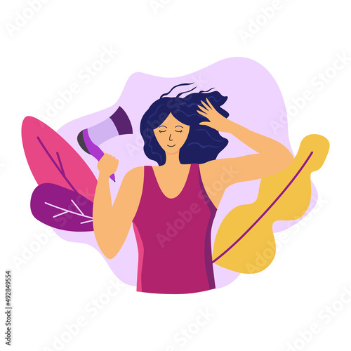 Young woman blow-dry her hair vector flat illustration