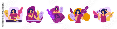 Young woman morning routine vector flat illustration set
