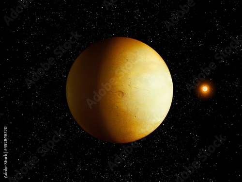 Beautiful yellow planet with a solid surface. Giant planet in deep space. Realistic exoplanet. 