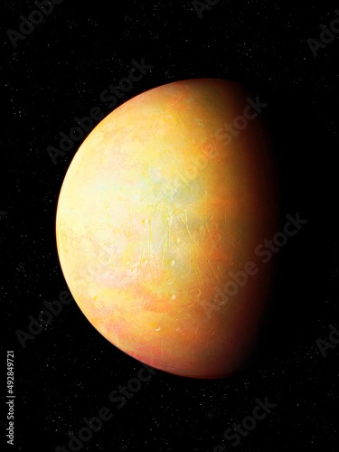 Beautiful yellow planet with a solid surface. Giant planet in deep space. Realistic exoplanet. 
