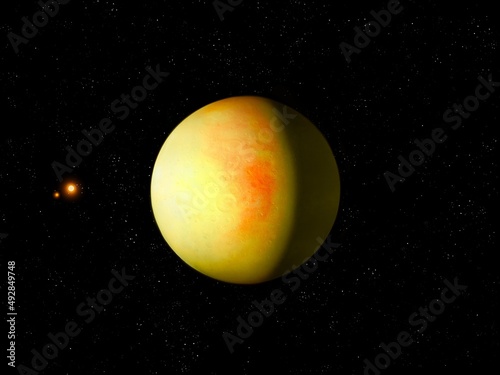 Beautiful yellow planet with a solid surface. Giant planet in deep space. Realistic exoplanet. 