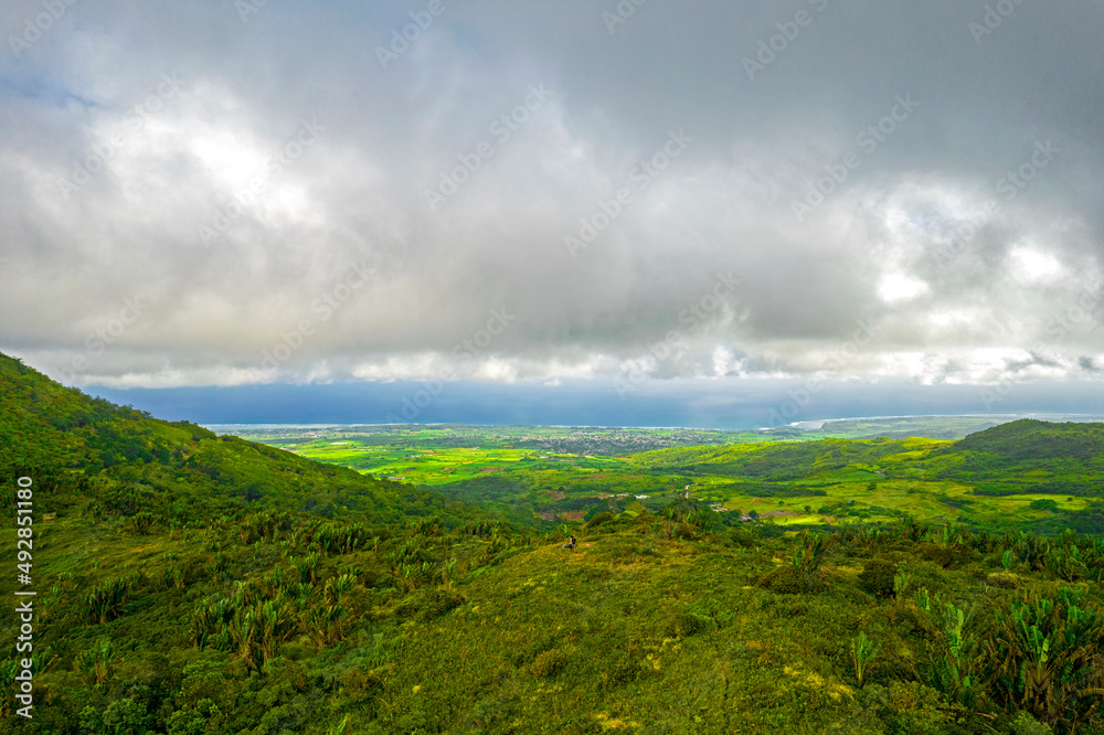 Aerial view of the south coast of Mauritius island from a hill located near Piton Savanne	