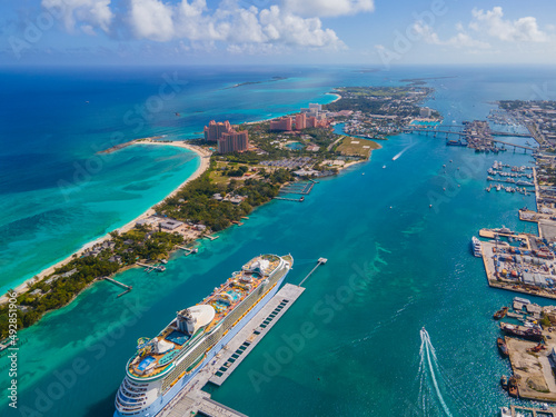 Aerial view of Nassau Harbour with Paradise Island on the left and Nassau downtown on the right, Nassau, New Providence Island, Bahamas.  photo