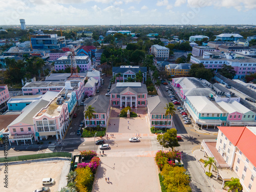 Bahamian Parliament building aerial view on Bay Street in downtown Nassau, New Providence Island, Bahamas. 