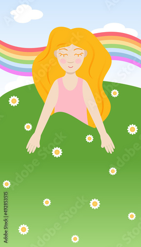 girl sleep character women rest relax smile happy sky clouds rainbow green grass meadow