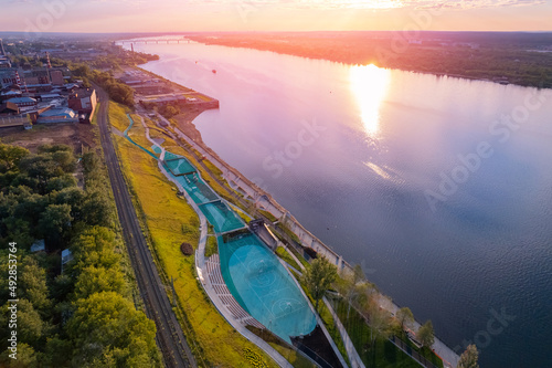 Canvastavla Aerial top view panorama city Perm and central embankment of Kama river Russia,