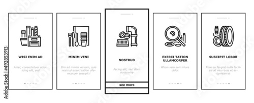 Polymer Material Industry Goods Onboarding Mobile App Page Screen Vector. Conveyor Belt And Garden Hose, Wheel And Bottle, Polyester Resin Bag And Container Polymer Industrial Production Illustrations