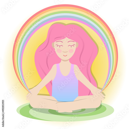girl yoga lotus relax rest cute character women home pink pastime beautiful rainbow cozy
