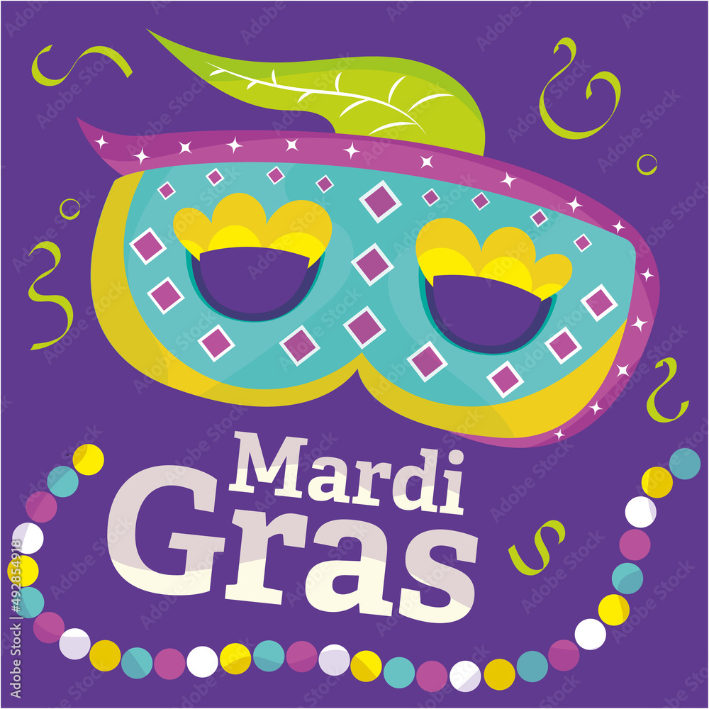 Naklejka premium Mardi gras poster venetian mask with feather decoration Vector