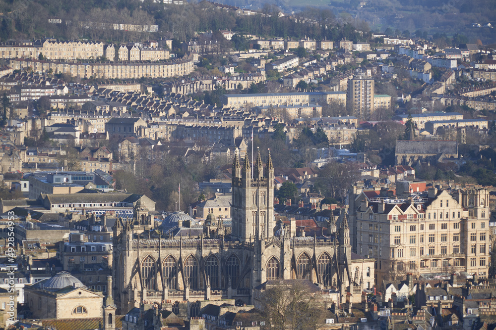 Panoramic view of the historic World Heritage city of Bath in Somerset, United Kingdom from Alexandra Park 