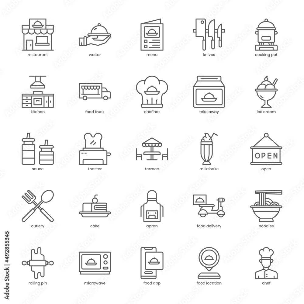 Food and Restaurant icon pack for your website design, logo, app, UI. Food and Restaurant icon outline design. Vector graphics illustration and editable stroke.