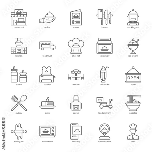 Food and Restaurant icon pack for your website design, logo, app, UI. Food and Restaurant icon outline design. Vector graphics illustration and editable stroke.