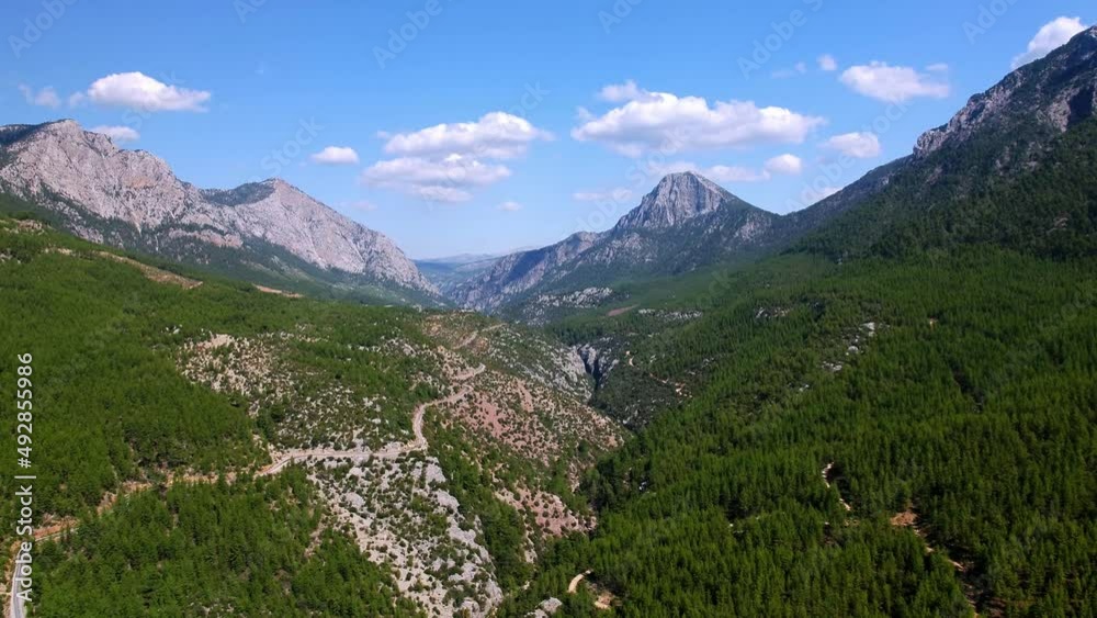 Aerial wide angle view of Antalya country side - Magnificent scene with a river, green pine trees and blue sky Aerial wide angle view of Antalya country side - Magnificent scene with a river, green pine trees and blue sky