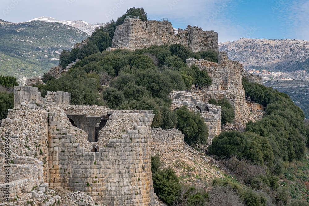 View of the Southern Wall of Nimrod fortress with the Keep and the Beautiful Tower, located in Northern Golan, at the southern slope of Mount Hermon, the biggest Crusader-era castle in Israel