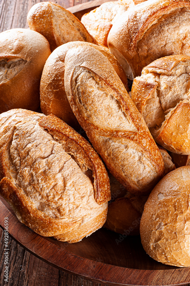 .Various types of naturally fermented breads together in a basket