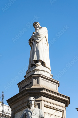 Statue of Leonardo da Vinci in Carrara Marble  erected in 1872 by Pietro Magni  in Piazza alla Scala  Milan city center  Lombardy region  Italy