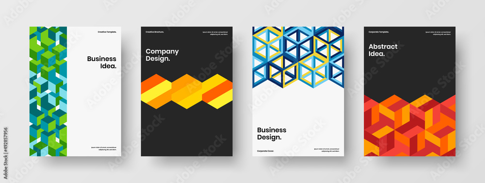 Minimalistic placard vector design layout bundle. Original mosaic hexagons company brochure template composition.