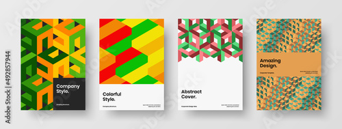 Creative mosaic hexagons cover concept collection. Amazing leaflet design vector template composition.