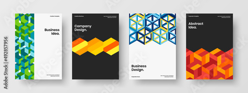 Minimalistic placard vector design layout bundle. Original mosaic hexagons company brochure template composition.