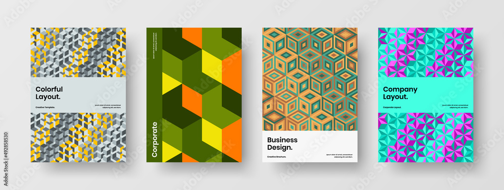 Simple catalog cover vector design illustration collection. Bright mosaic hexagons annual report template set.