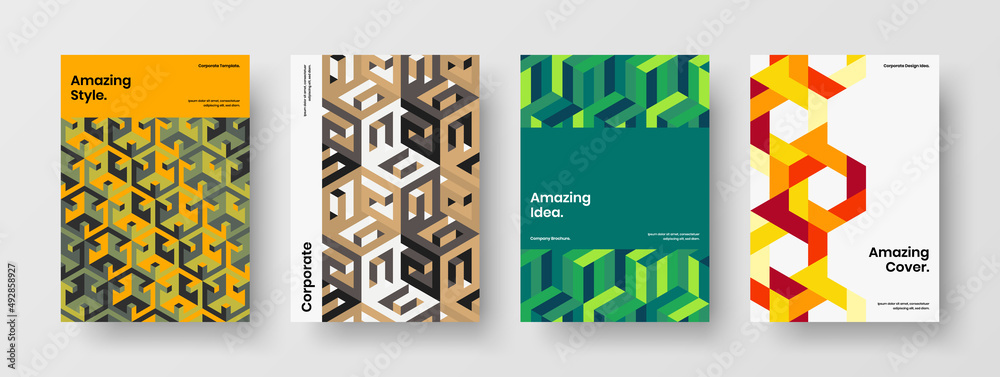 Fototapeta premium Modern presentation A4 design vector layout set. Unique mosaic pattern corporate cover template bundle.