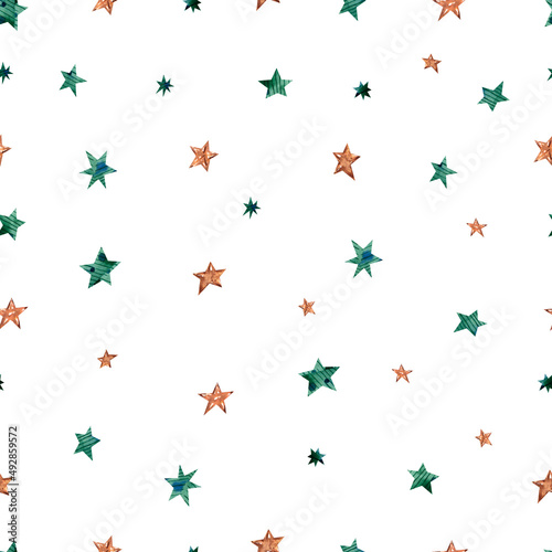 Watercolor seamless pattern with green and gold stars. Hand-drawn background with cute stars. For packaging, clothing, fashion fabrics, home decor, backgrounds, postcards, scrapbooking, etc.