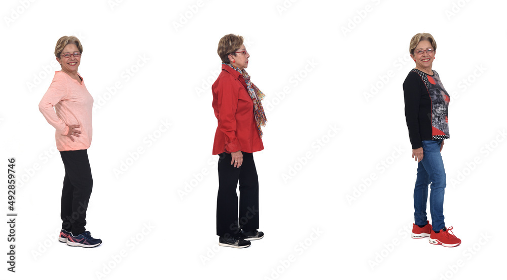 side view of same senior woman with various outfits on white background side view of same senior woman with various outfits on white background