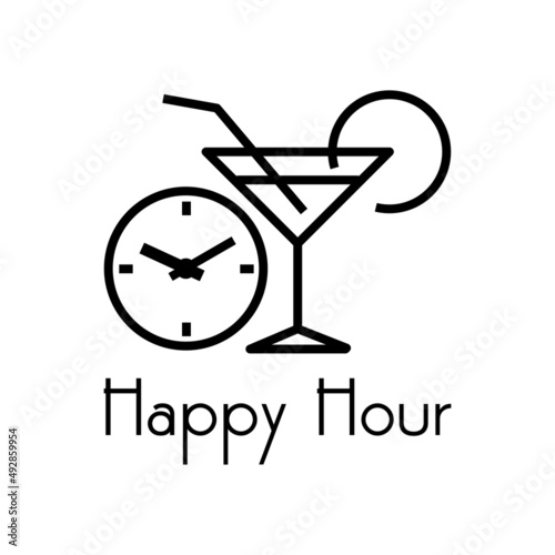 Logotipo con texto Happy Hour con silueta de copa de cocktail con esfera de reloj con líneas en color negro