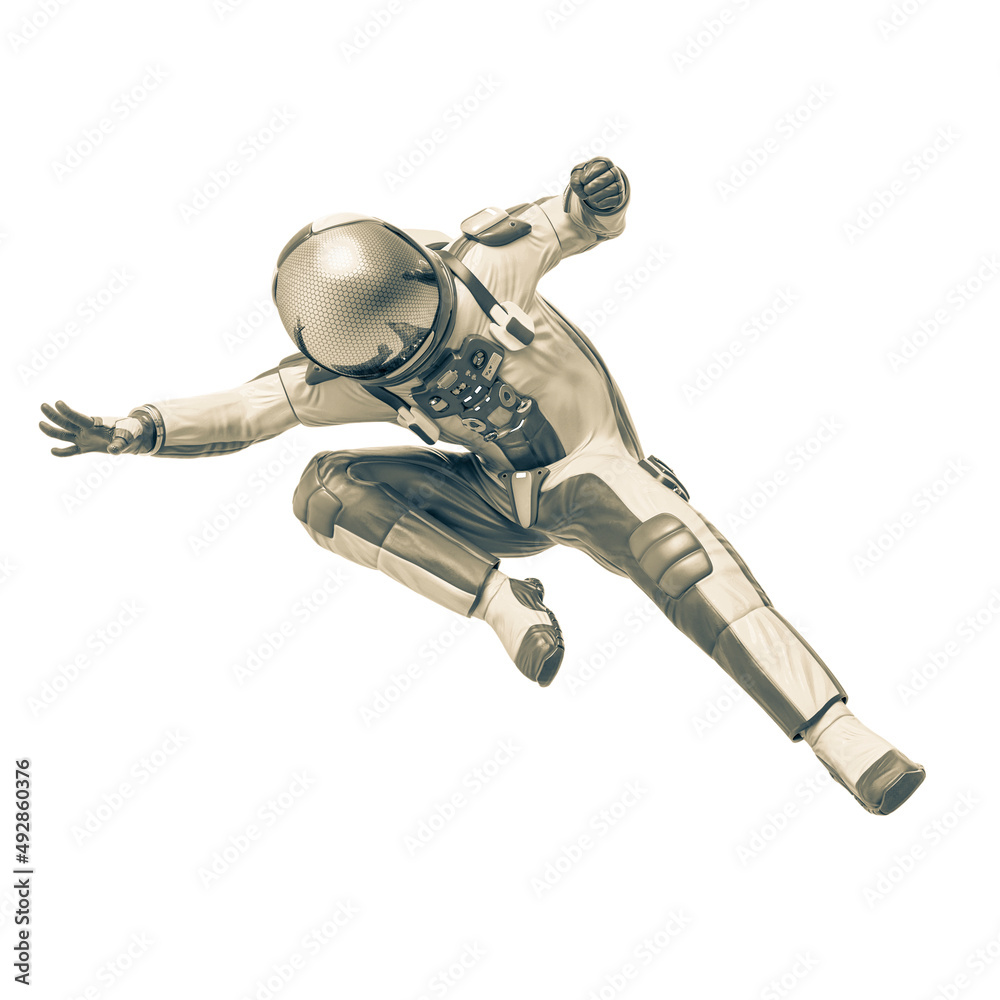 astronaut explorer in a super action pose in white background