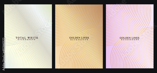 Luxury pastel colors background. Golden curved lines, geometric abstract. Set of covers design.