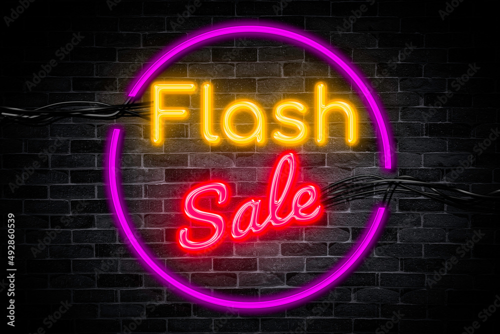 Flash Sale neon banner, Marketing signboard.