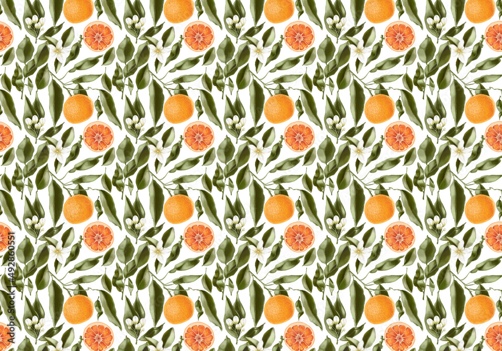 Pattern with Citrus fruits and green leaves
