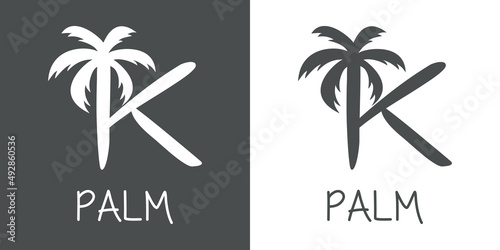 Logotipo texto Palm con letra K en tipografía con forma de silueta de palmera en fondo gris y fondo blanco